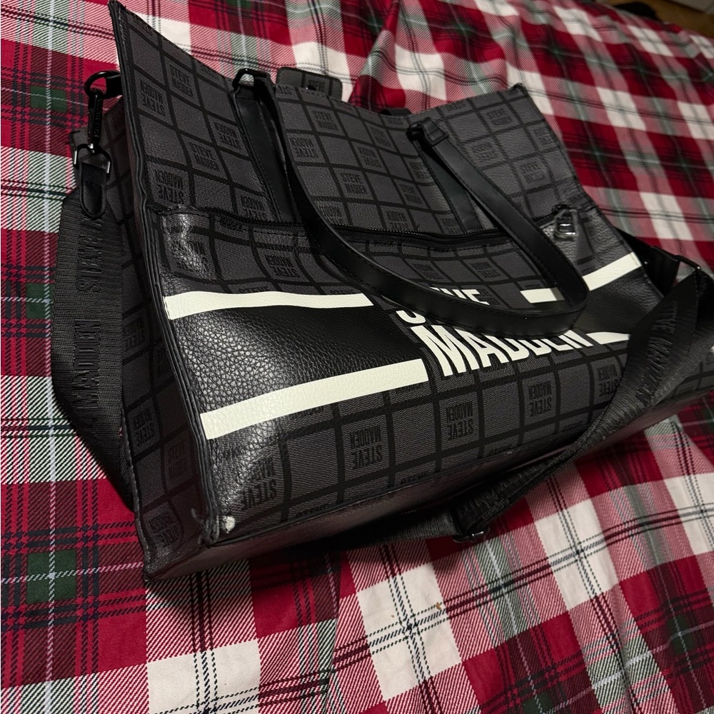 Steve Madden Black Tote with White Stripe Logo